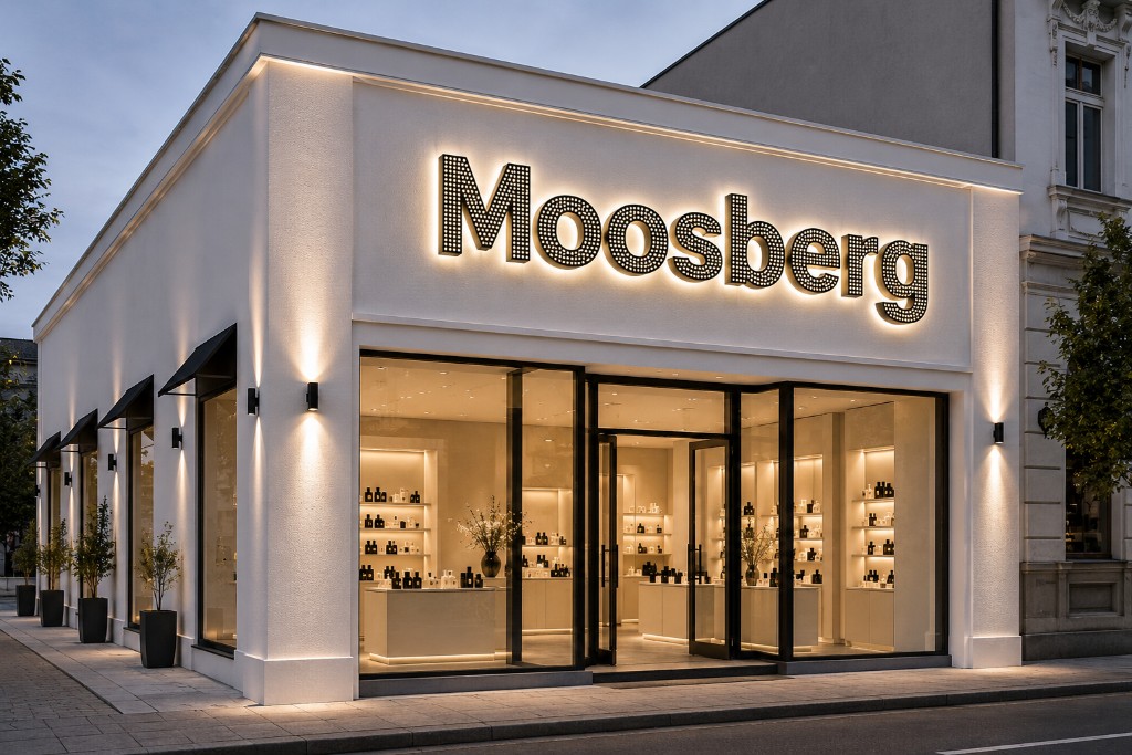 Beispielvisualisierung: LED-Leuchtbuchstaben „Moosberg“ mit Front- und Halo-Beleuchtung an einer Boutique-Fassade