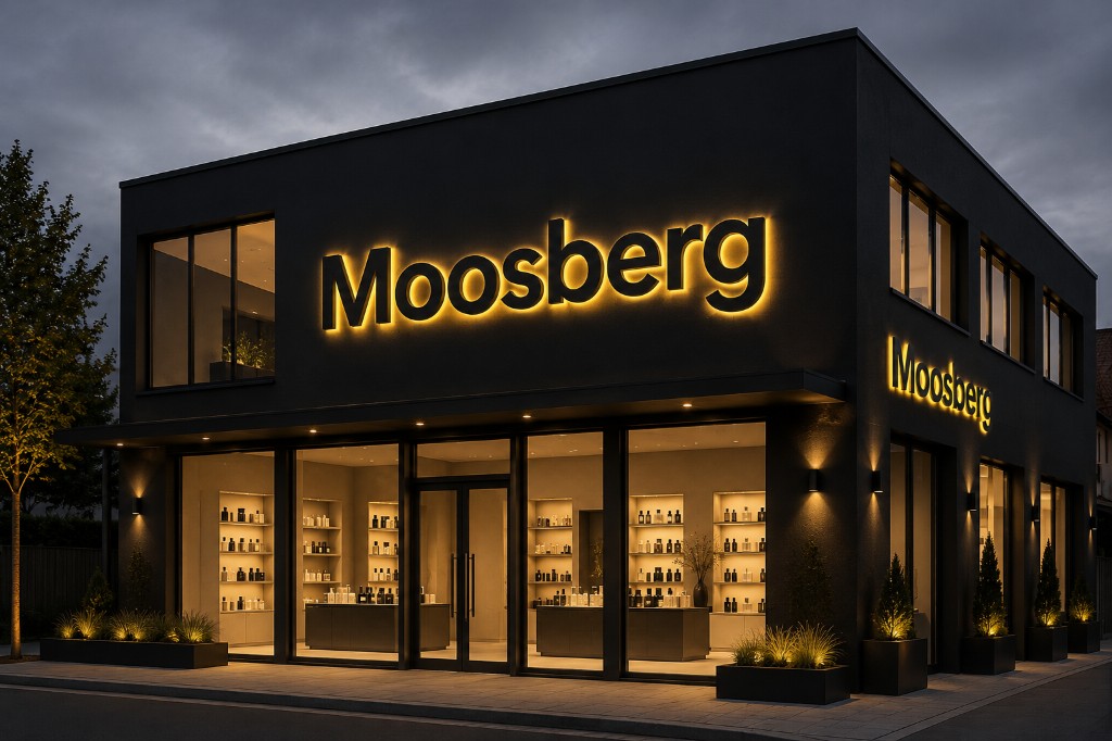 Beispielvisualisierung: LED-Leuchtbuchstaben Moosberg mit Halo-Beleuchtung an einer modernen dunklen Fassade bei Dämmerung